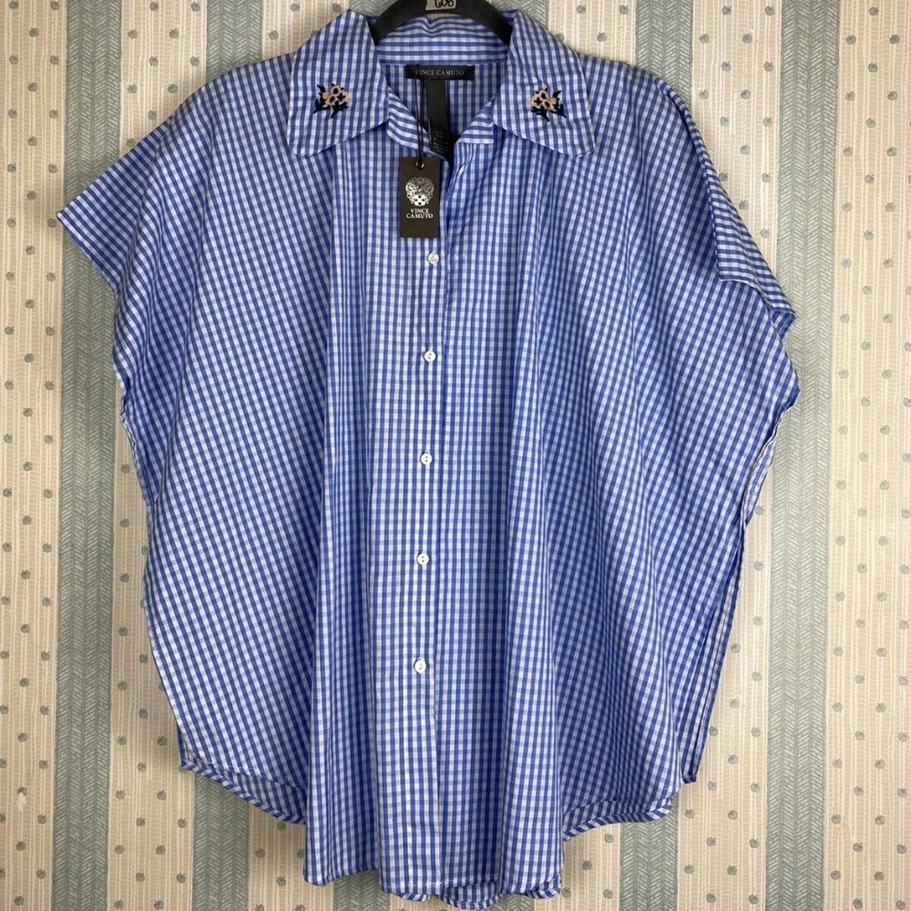 NWT Vince Camuto Women's O/S Embroidered Gingham Boyfriend Button Topper